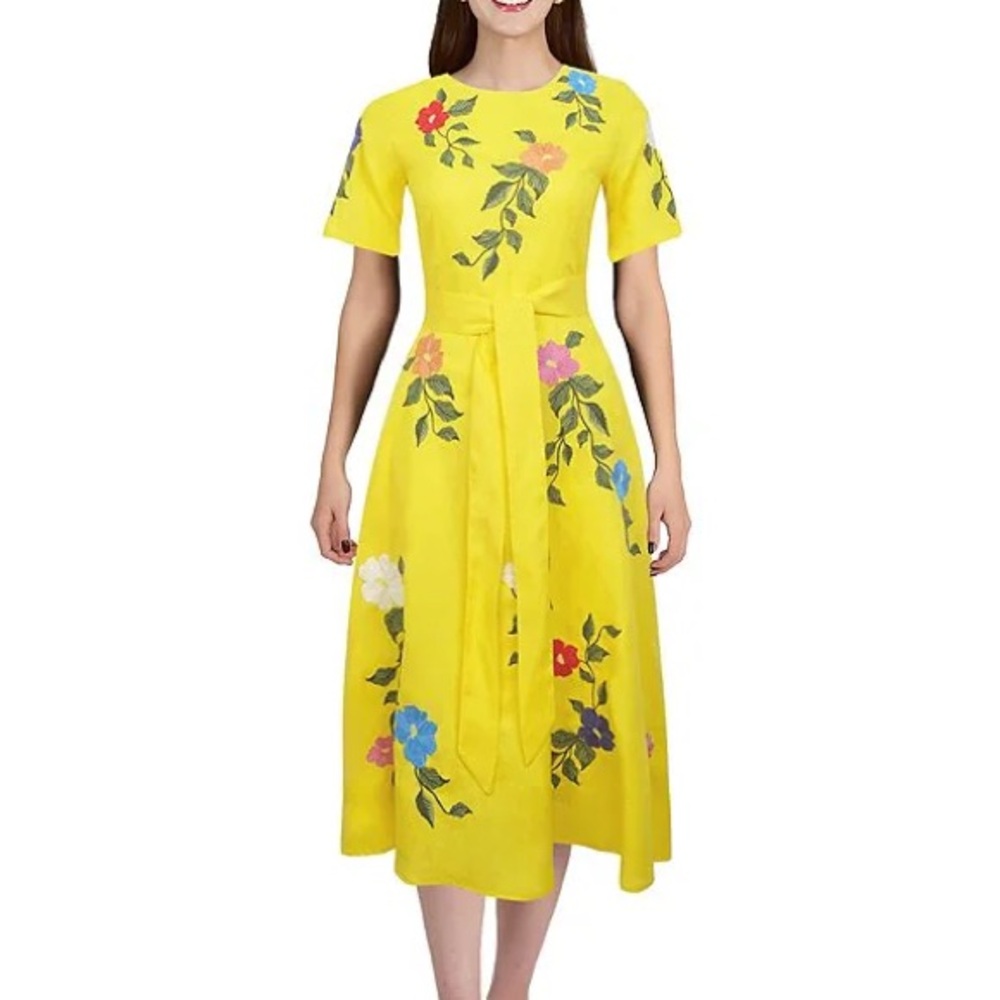 Fanm Mon Jess Floral Embroidered Crew Neckline Short Sleeve Belted Midi Dress